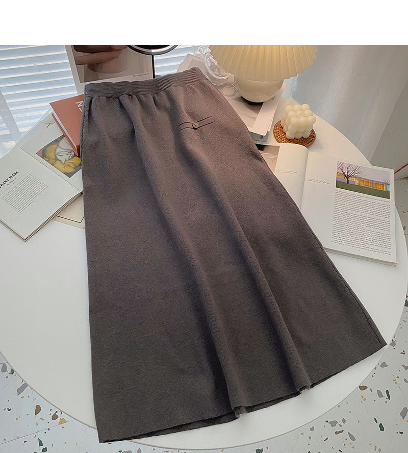 Casual retro solid high waist versatile Knit Skirt  5774