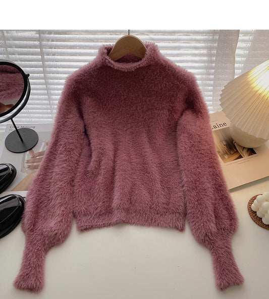 Schlanke Laternenärmelbluse mit hohem Kragen im koreanischen Stil 5938