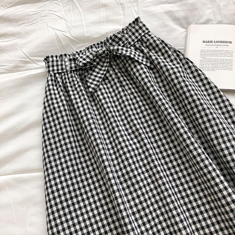 Retro literary small Plaid stitching design bow high waist skirt  5676