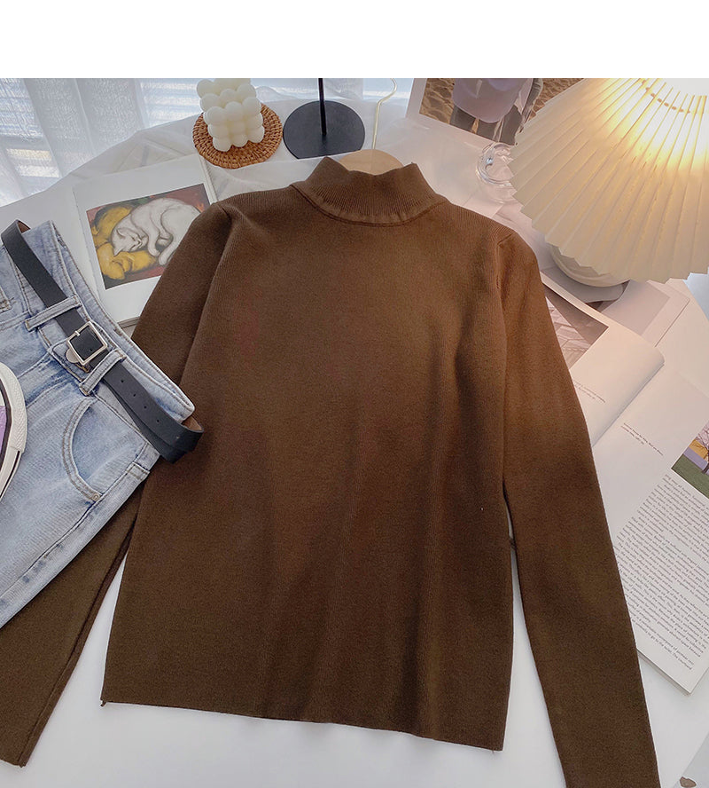 Solid color simple and versatile stand collar Pullover long sleeve Knitted Top  6655