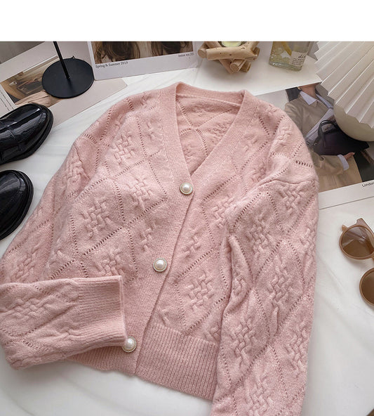 Französisches Retro-Perlenknopf-Langarm-Top mit V-Ausschnitt 6125