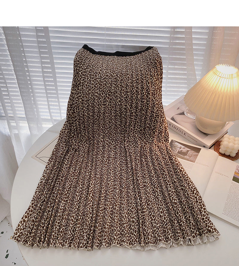 Hong Kong style retro leopard print thin pleated A-line skirt  5744