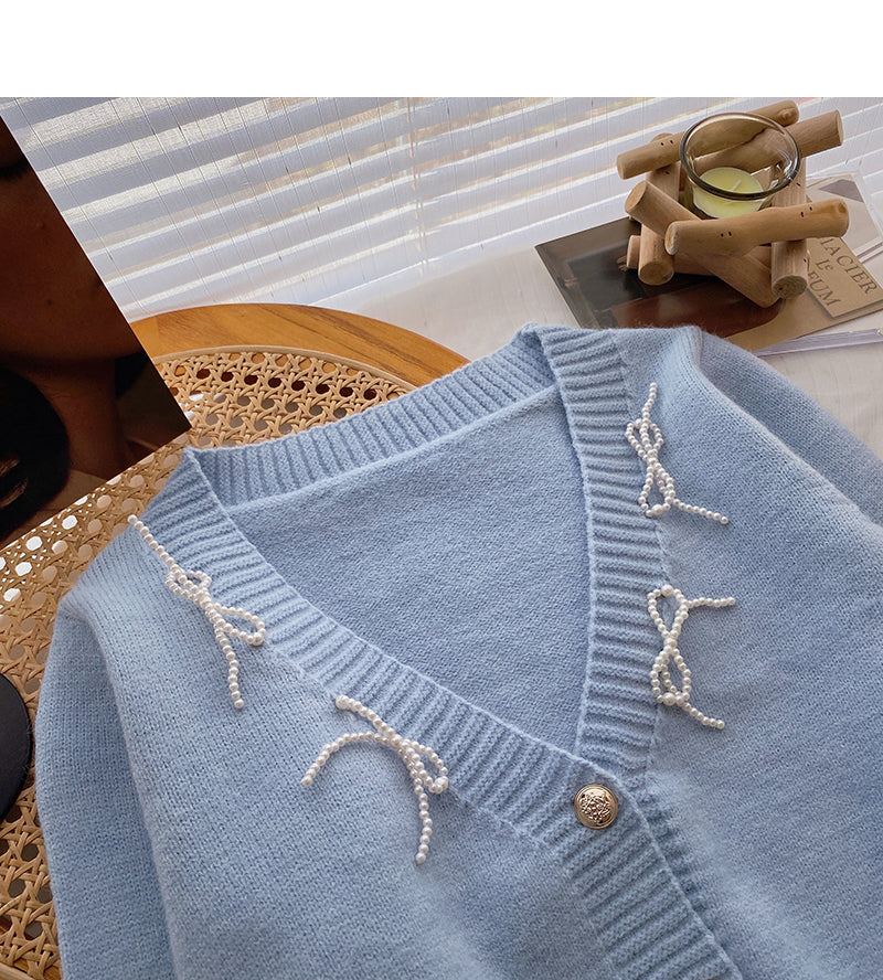 Vintage French short knit cardigan design long sleeve top  6668