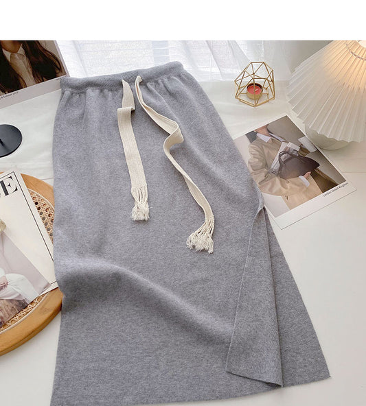 Versatile pop drawstring high waist split A-line skirt  5794