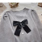 Pullover mit Vintage-Schleife und V-Ausschnitt, schmales Langarm-Top 6595
