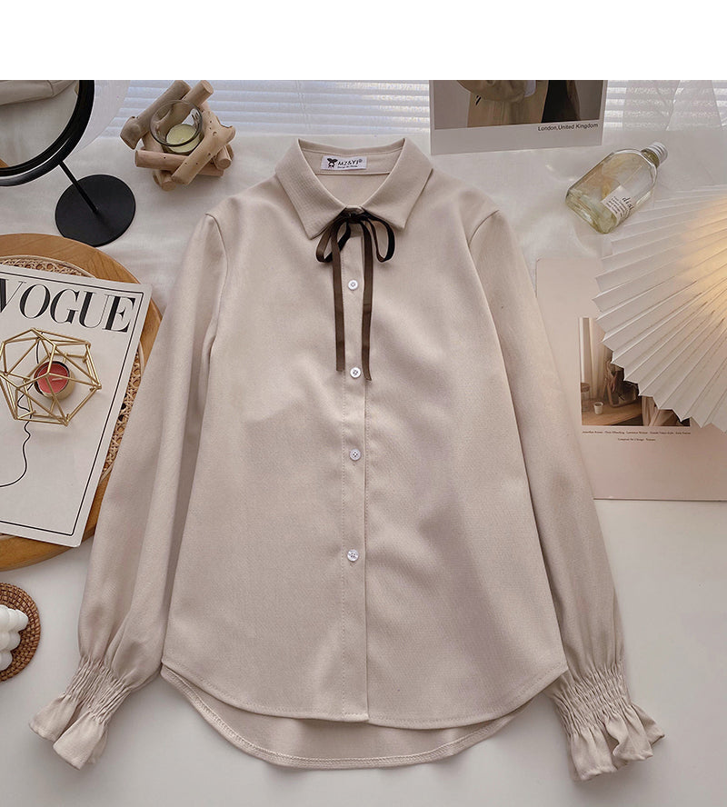 Collegiate lace up Lapel shirt casual long sleeve top  6356