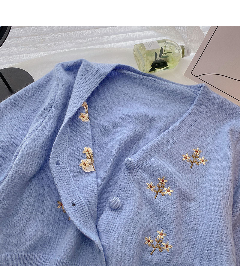 Floral embroidery V-neck short long sleeve jacket  5849