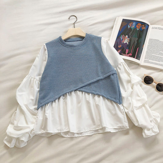 Chemises à manches bouffantes cousues en croix de couleur unie pour femmes 6245