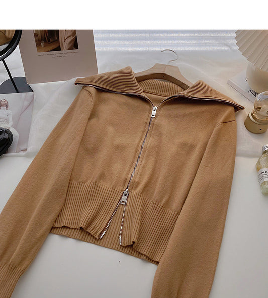 Koreanisches Mode-Oberteil mit kurzem Laternenärmel und Reißverschluss 6647