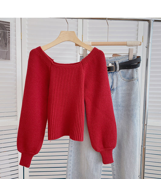 Der Vintage-Pullover mit Laternenärmeln und eckigem Halsausschnitt sieht dünn und modisch aus 6090