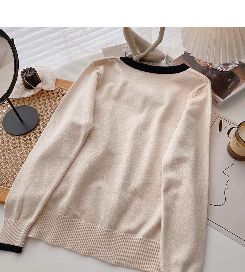 Gentle temperament thin retro bow color matching long sleeve top  6675