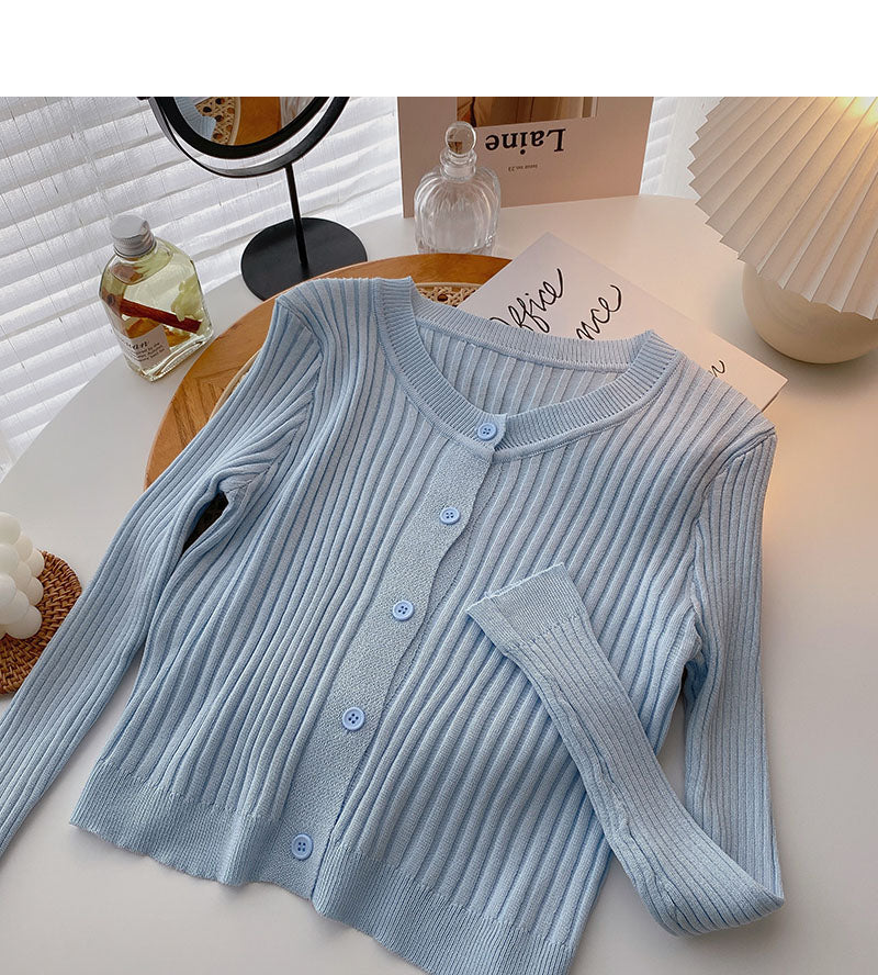 Korean version thin long sleeve round neck versatile thread solid color knitted cardigan  6550