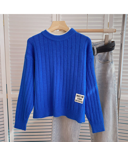 Design color contrast crew neck Pullover Sweater  6163