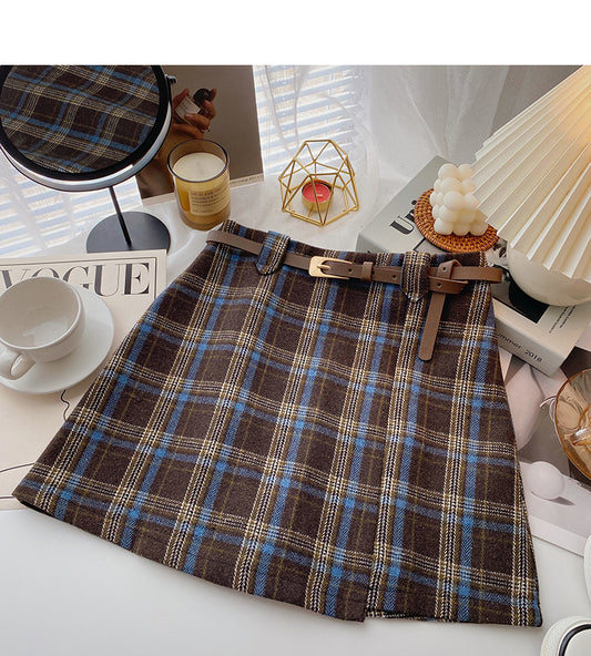 Versatile retro fashion checkered high waist A-line skirt  5596