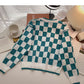 Knitted coat versatile casual V-Neck long sleeve Plaid top  6505
