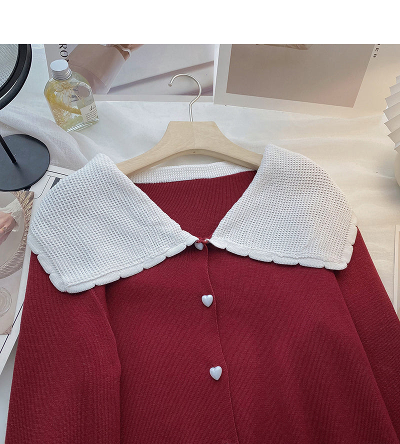 Baby collar long sleeve Vintage sweater single breasted top  6517