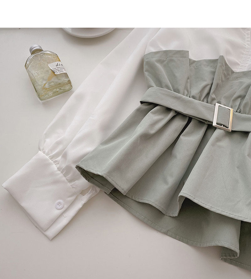 Korean long sleeve waistband design color matching top with belt  6284