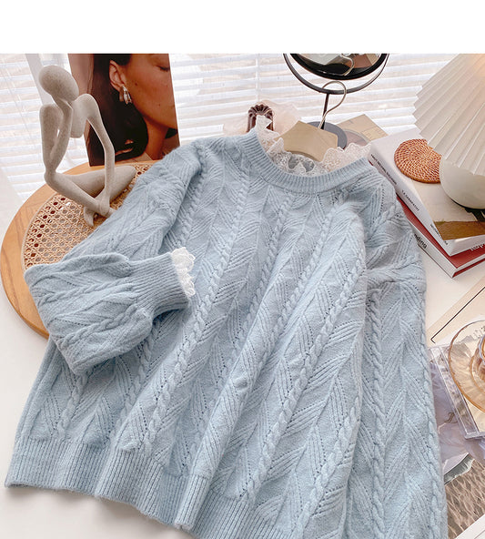 Vintage Lace Edge Langarm Pullover dünnes lockeres Top 6094