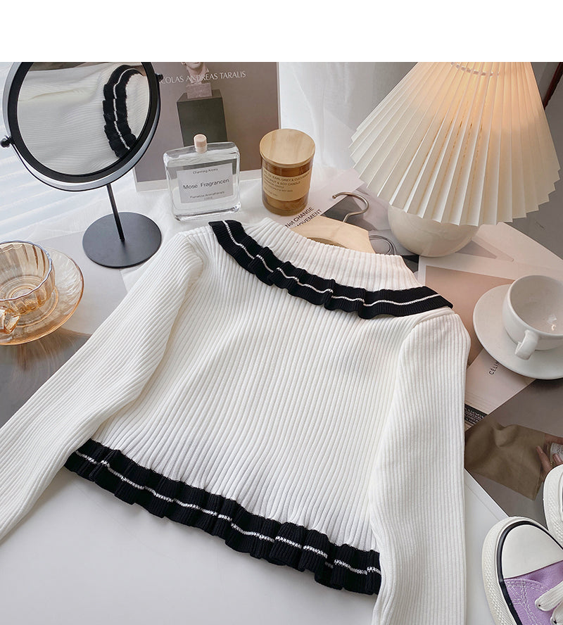 Lace doll neck strap contrast knit college top  6482