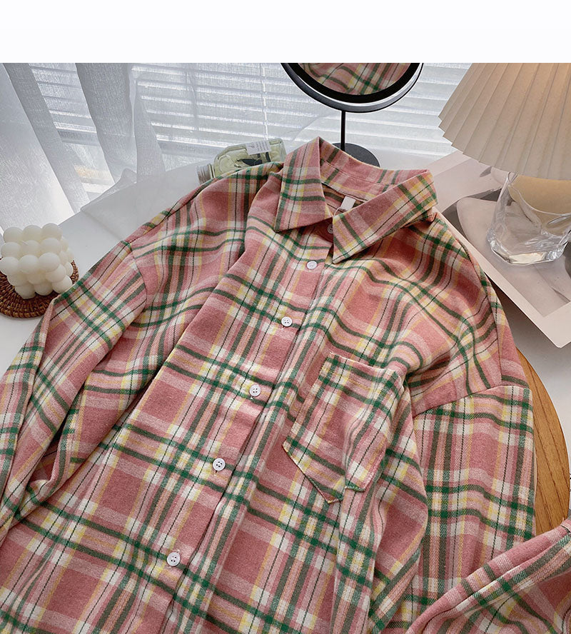 Slouchy Vintage Plaid Shirt Long Sleeve Top  6298