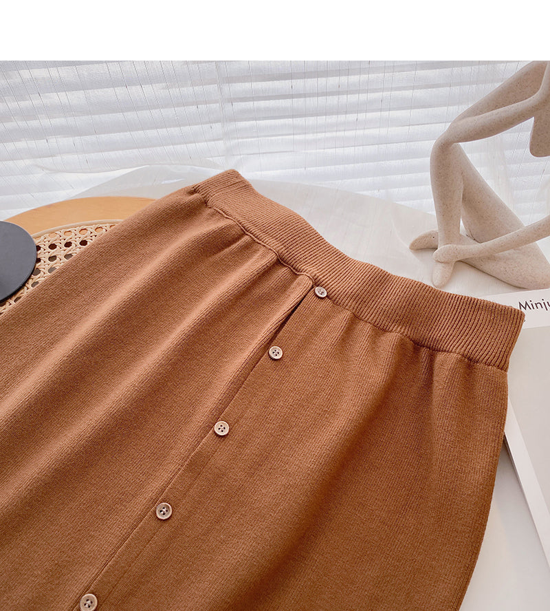 Leisure port style solid high waist button split A-line skirt  5804