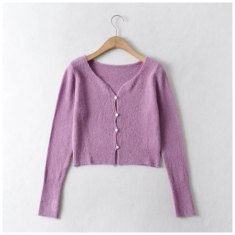 V-neck waist with exposed navel and long sleeve knitted cardigan  7229