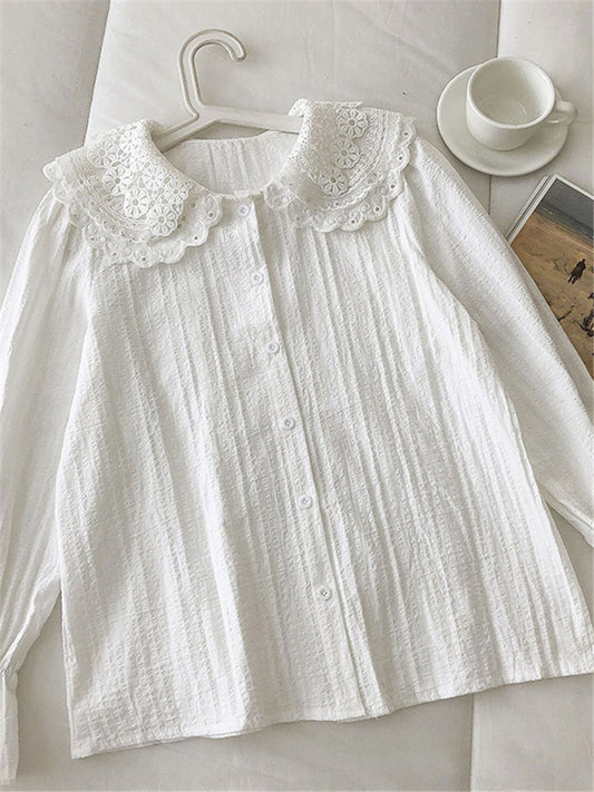 Chemise en coton et lin à col bébé ajouré crocheté pour femme 6250