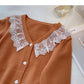 Korean version lace edge V-neck single breasted design feels thin top  5965