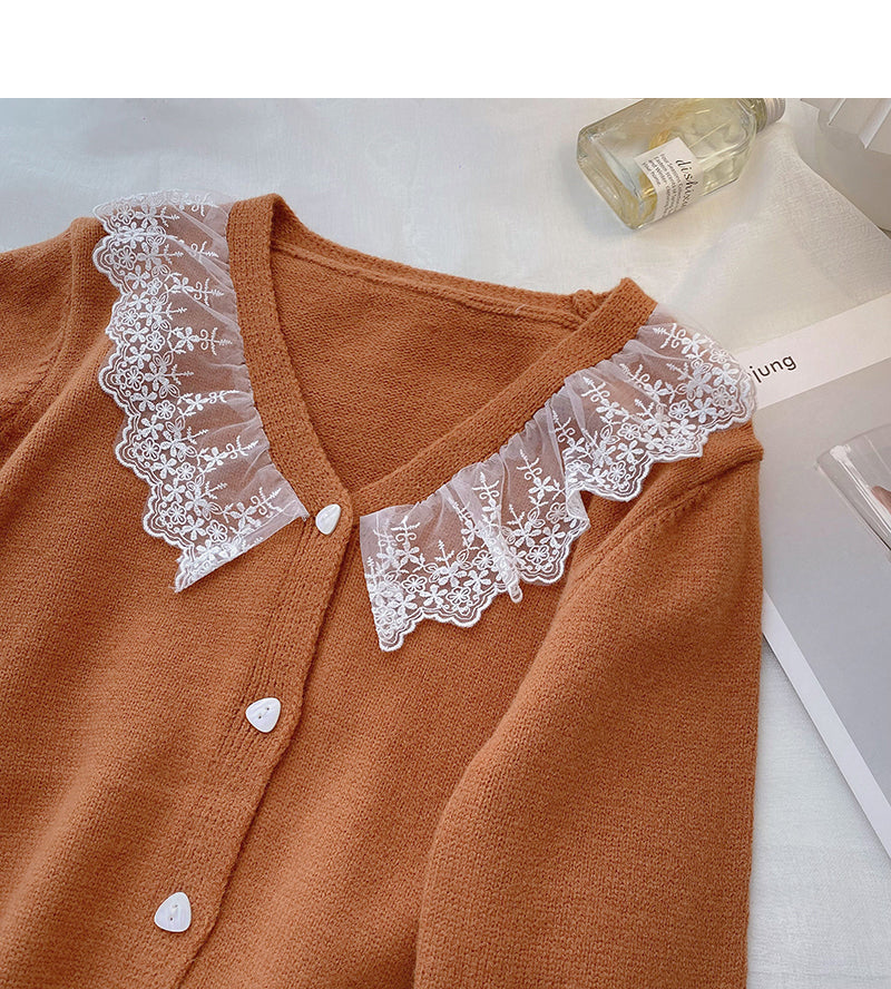 Korean version lace edge V-neck single breasted design feels thin top  5965