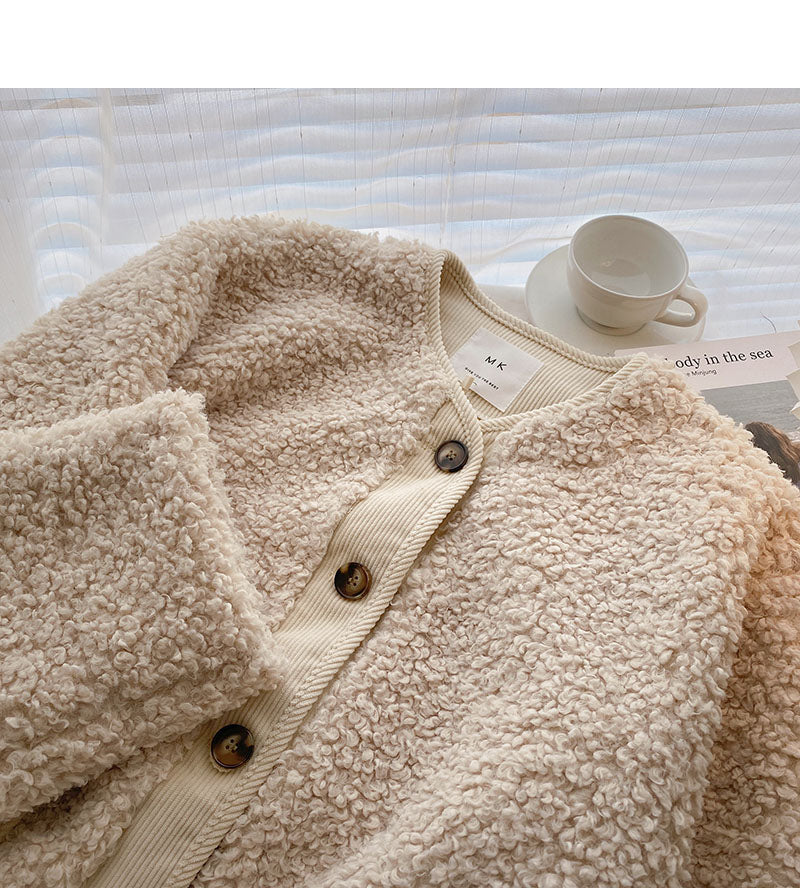 Lamb wool coat female Korean minority design loose pocket long sleeve top  6221