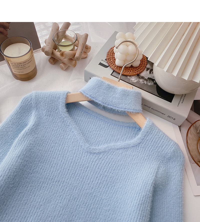 Nerzimitat-Pullover in reiner Farbe mit hohlem Halsausschnitt 6061