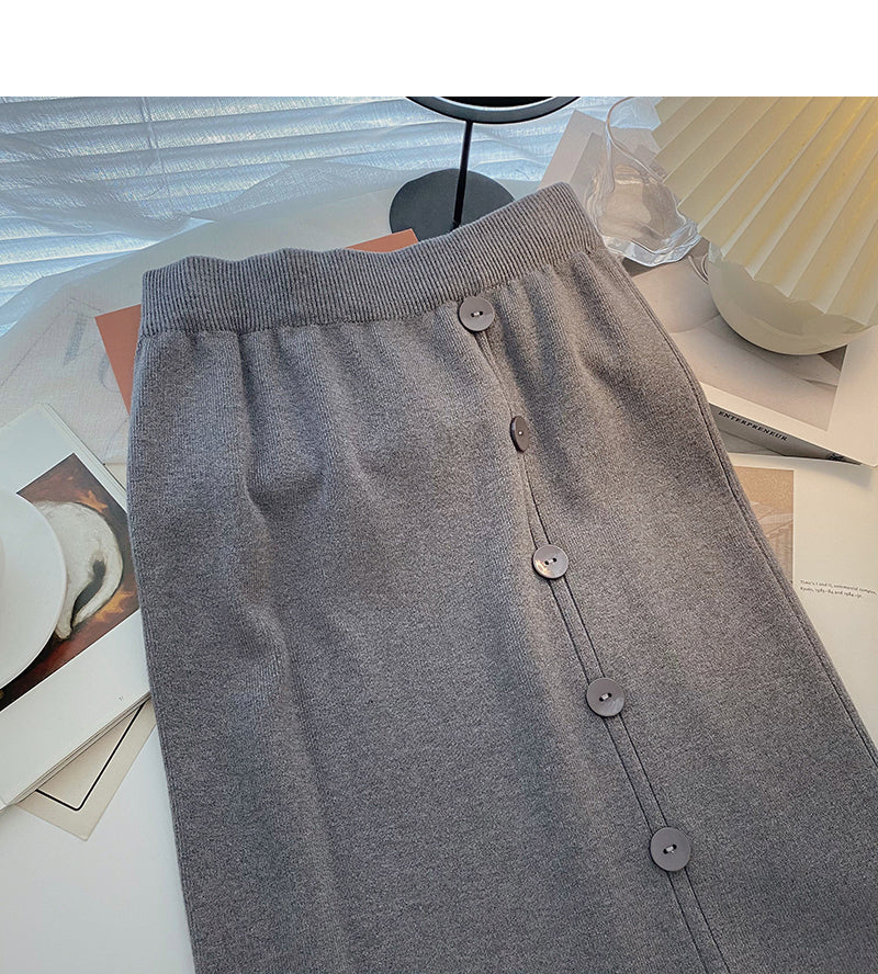 Design sense single breasted split A-line slim Knit Skirt  5741