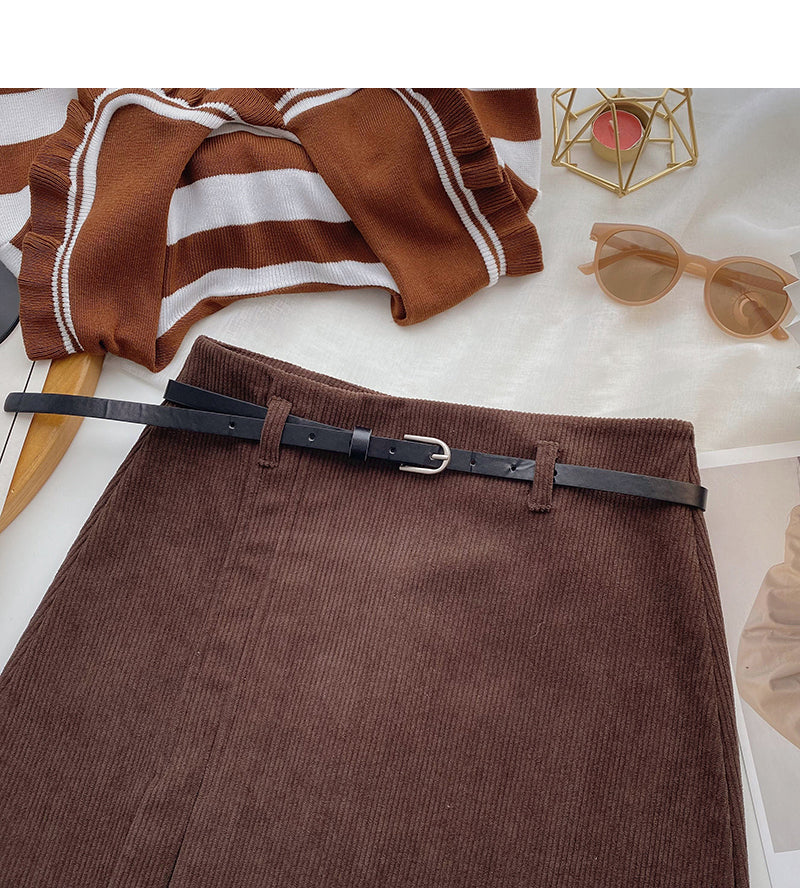 Niche solid color pleated high waist A-line skirt with belt  5579