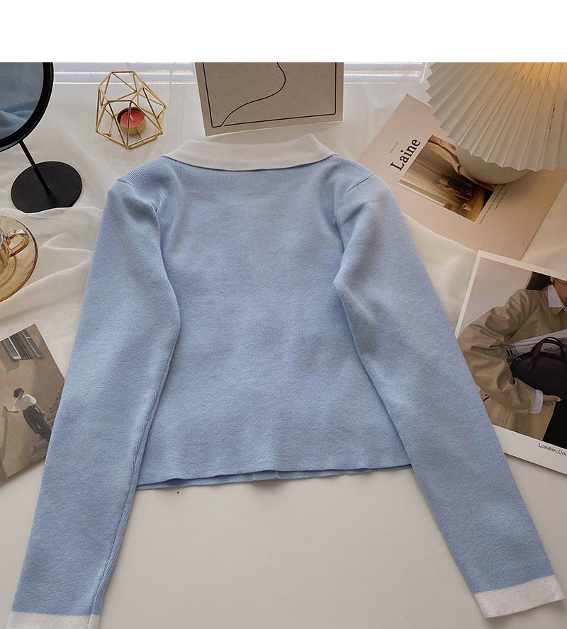 Knit cardigan design contrast color long sleeve top  6584