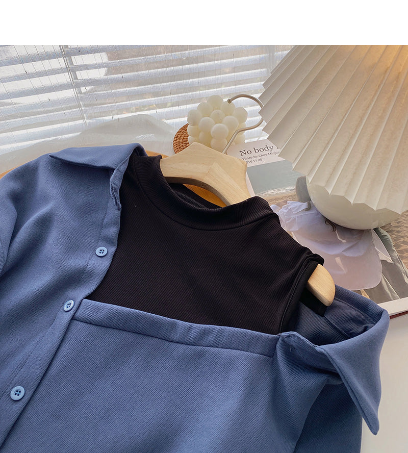 Design off shoulder stitching long sleeve Pullover Crew Neck Shirt  6334