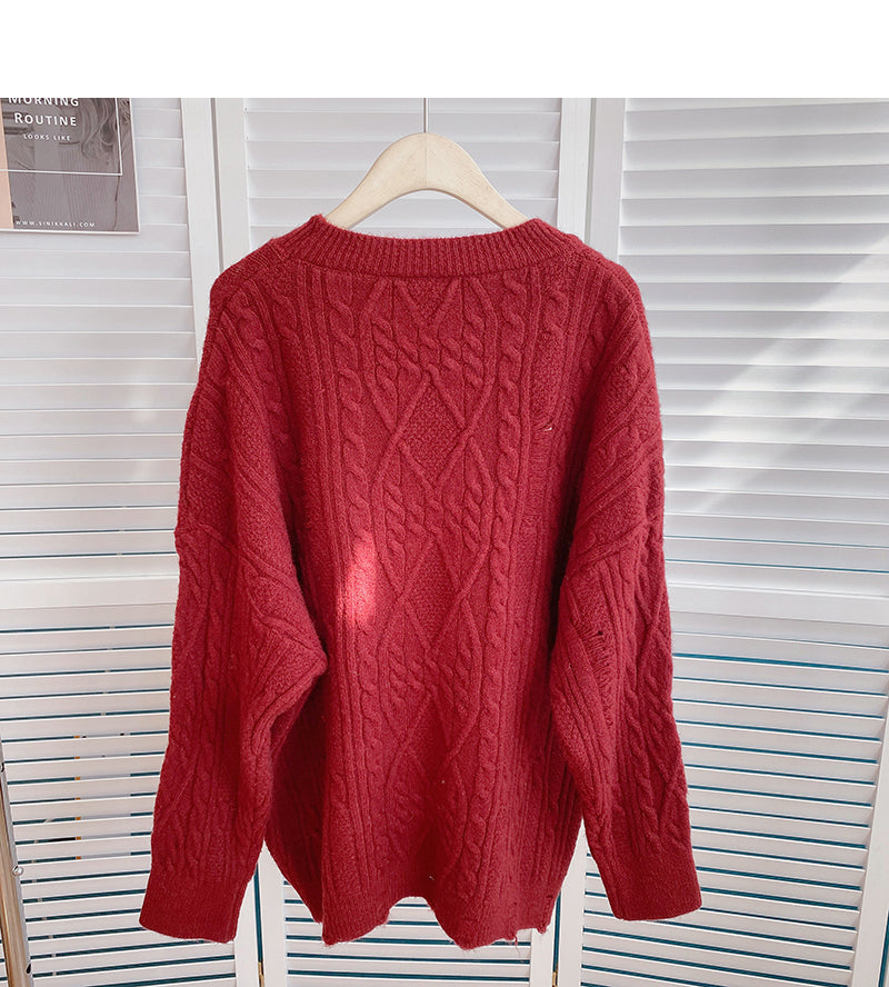 Twist solid color knitted sweater personalized hollow hole top  6087