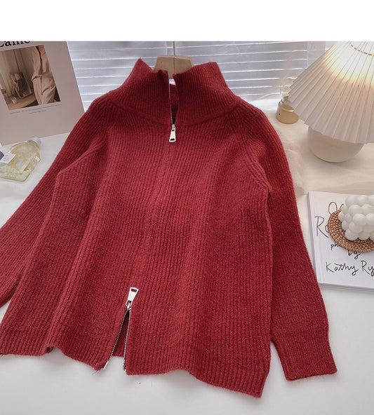 Lazy Loose Zipper Half High Neck Long Sleeve Top 5884