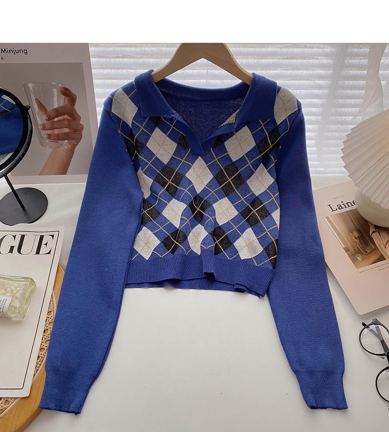 Plaid long sleeve sweater small short Pullover Top  6573