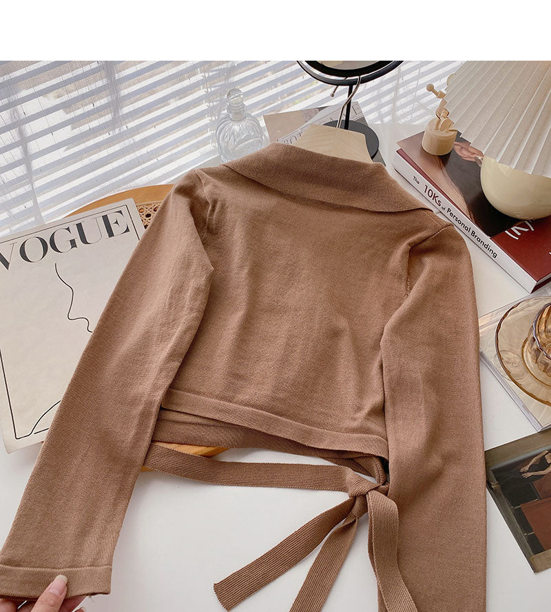 Niche design cross Lapel strap short sweater  6617