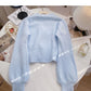 Lazy wind gentle foreign style solid color bow V-neck top  6134