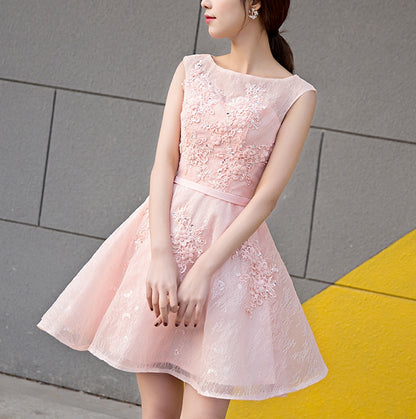 Cute pink lace short prom dress,pink evening dress,homecoming dresses  7109