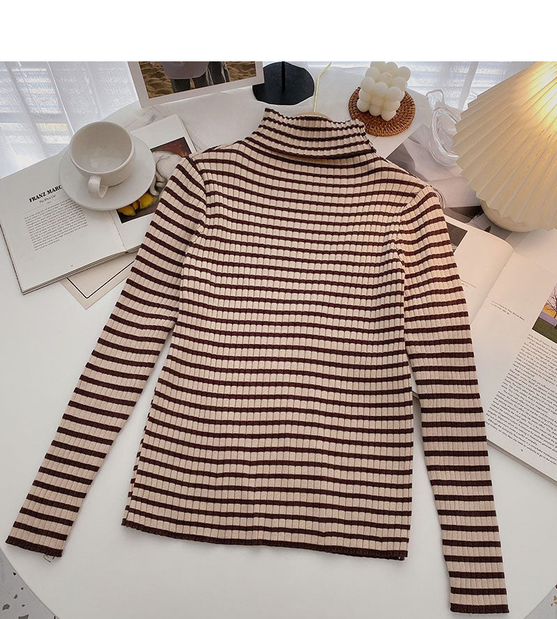High neck stripe bottomed long sleeve top popular sweater  6652