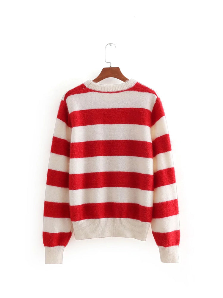Striped crew neck Pullover long sleeve sweater loose sweater top  7458