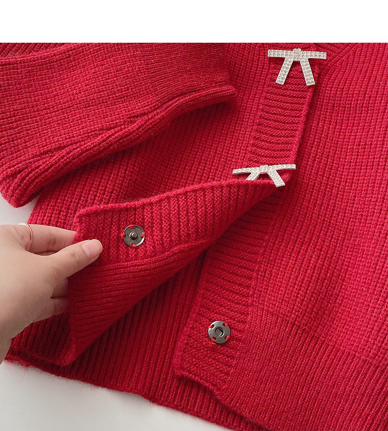 V-Neck Sweater Cardigan women's Korean bow button design top  6176