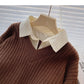 Vintage Hemd genähter Pullover gefälschte zwei Frauen 6001