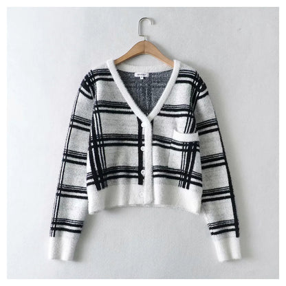 Plaid color matching knitted cardigan women's minority retro sweater coat  7185