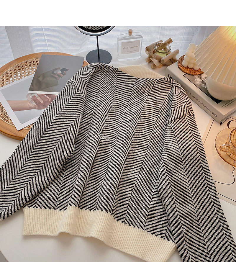 Lazy wind stripe sweater coat Long Sleeve Top  6044