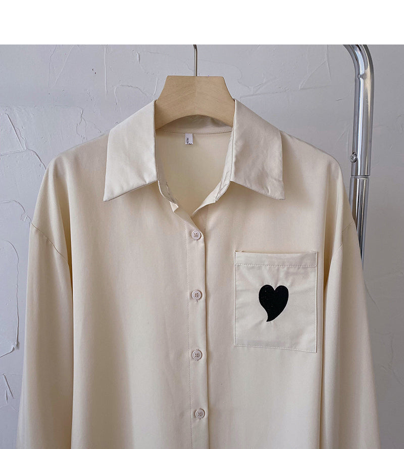 Loose long sleeve shirt personalized love pocket Lapel top  6430