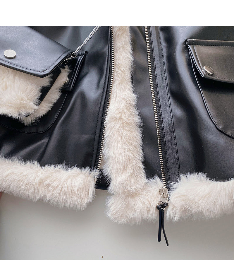 Plush coat fashion retro loose long sleeved PU leather clothes delivery bag  6220