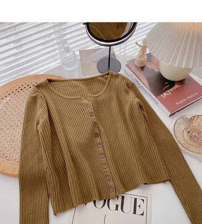 Knitted cardigan women's lazy style solid color versatile long sleeve top  6684
